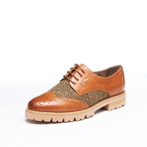 Ladies Buffalo Leather Brogues With Harris Tweed Detailing, Chestnut