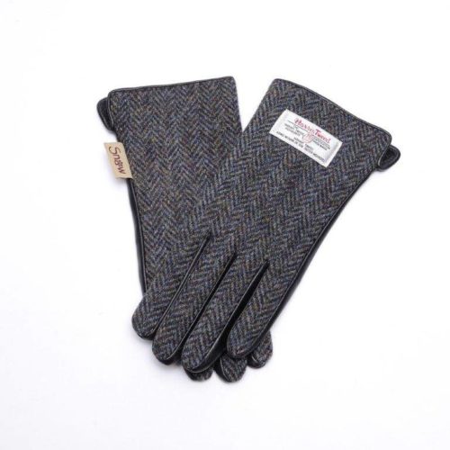 Black Herringbone Harris Tweed Ladies Gloves