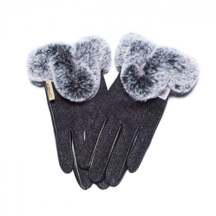 Dark Black Harris Tweed Gloves With Fur